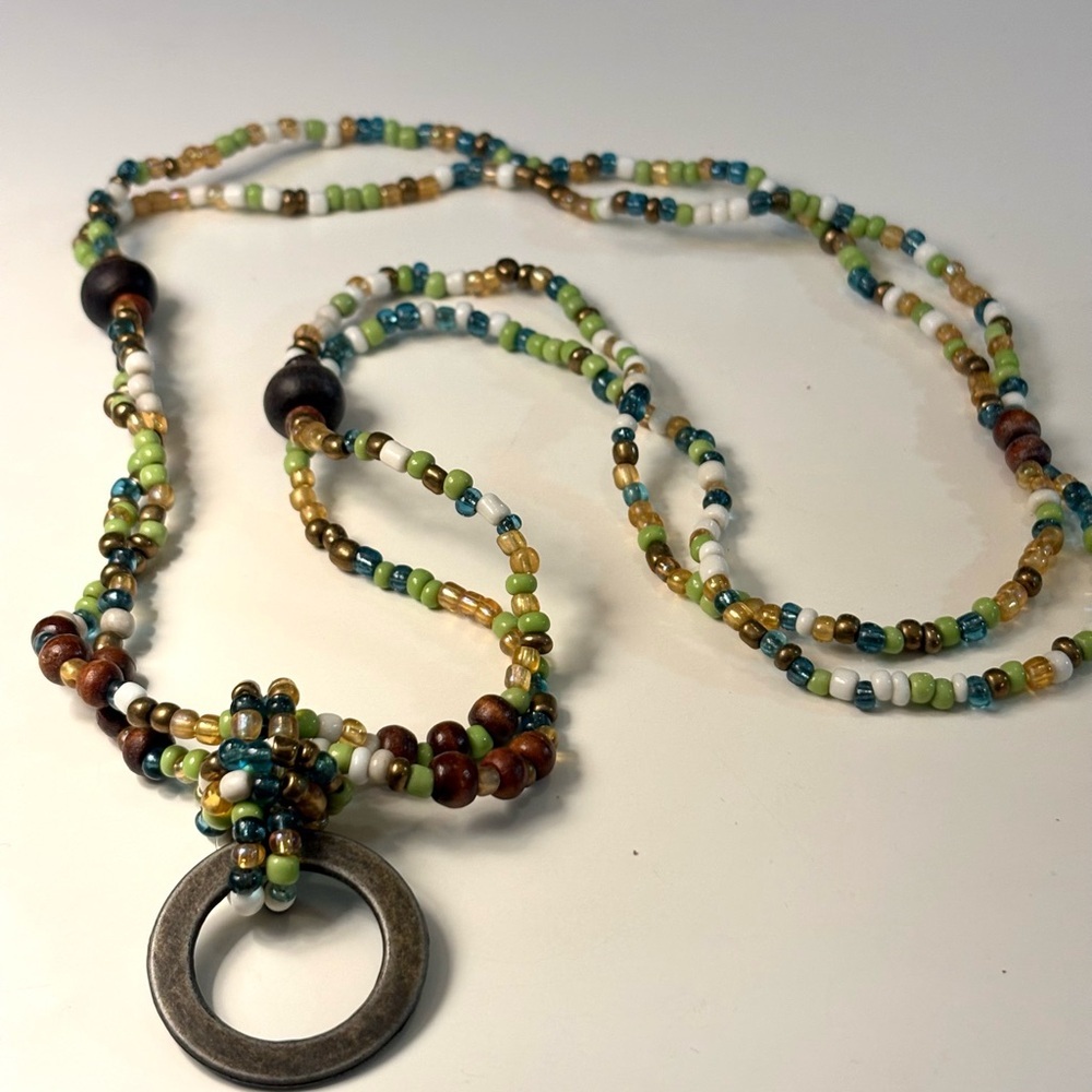 Boho Beaded Necklace Multicolor Seed Beads Metal Pendant - Picture 2 of 5